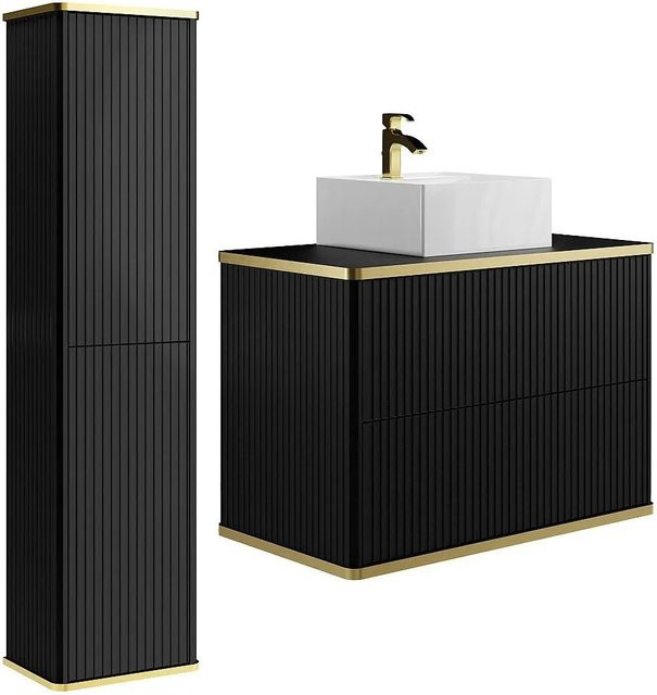 Vente-unique Badmöbel-Set Keliza im Art-déco-Stil, Schwarz matt, bestehend aus Waschbeckenunterschrank, Aufsatzwaschbecken und Hochschrank, Breite: 80 cm - Bild 1