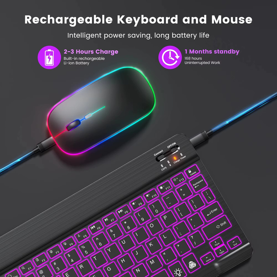 Kebidumei Mini-Tastatur kabellos mit Bluetooth 5.0, RGB-Hintergrundbeleuchtung, wiederaufladbar und leise, Farbe: Schwarz, Kompatibel mit iOS, Android, Windows und iPad - Bild 4