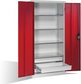 C+P Werkzeugschrank mit Drehtüren, 4 Böden und 3 Schubladen, Front Rubinrot, Korpus Lichtgrau, H: 195,0 cm, B: 93,0 cm, T: 50,0 cm - Bild 1