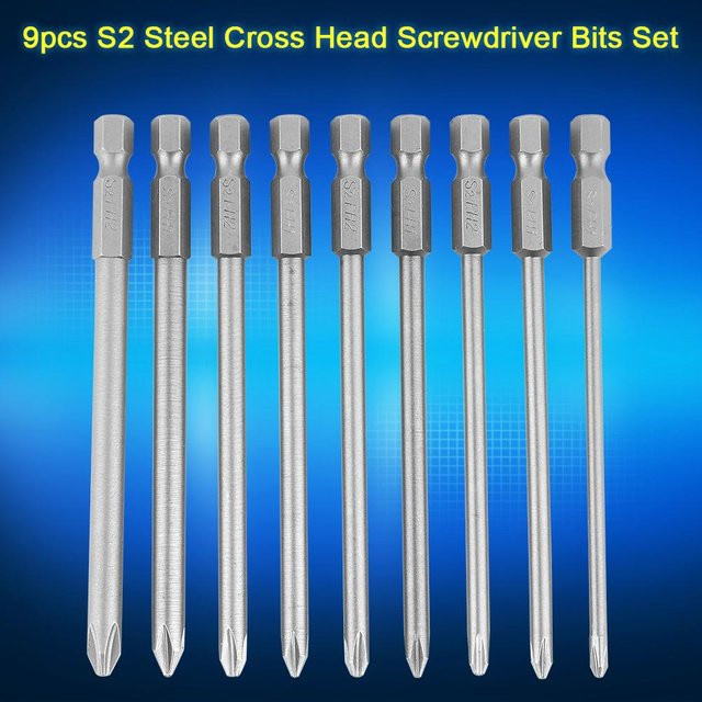 Fishine Schraubendreherbits Set aus S2 Stahl, 9 Stück Kreuzschlitz PH1 PH2, 1/4 Zoll Sechskantschaft, Farbe: Silber - Bild 1