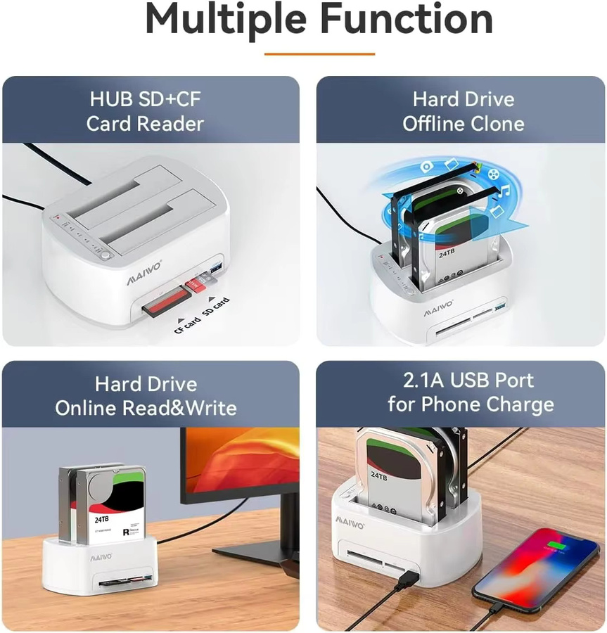 MAIWO Dual-Bay HDD SSD Dockingstation mit Offline-Klonfunktion, USB 3.0, für 2,5 und 3,5 Zoll Festplatten, Farbe: Weiß - Bild 4