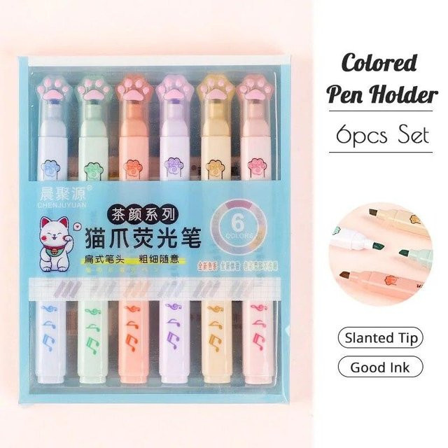 NATAWA Kawaii Katze Pfote Highlighter Set mit Schrägspitze und flüssiger Tinte, 6er-Set, Mehrfarbig - Bild 1