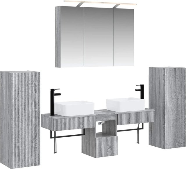 6-teiliges vidaXL Badezimmermöbel-Set in Grau mit Spiegelschrank, Waschtischunterschrank und Wandschrank aus Holz und Glas mit LED-Beleuchtung - Bild 1