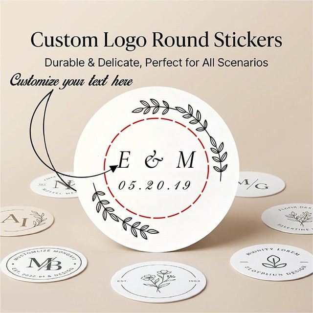 Personalisierte Blattkranz-Etiketten für Geschenkboxen, runde Aufkleber mit Doppelmonogramm und individuellem Datum im minimalistischen Stil, Farbe: Weiß, Durchmesser: 15,0 cm - Bild 1