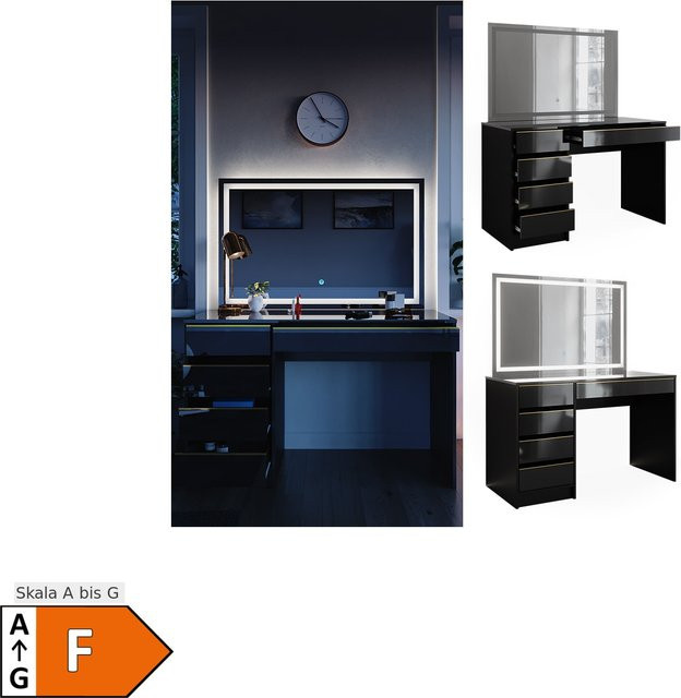 Vicco Schminktisch Sherry in Schwarz Hochglanz mit Gold-Akzenten, LED-Spiegel und 5 Schubladen, B: 120 cm, T: 75 cm, H: 75 cm - Bild 1
