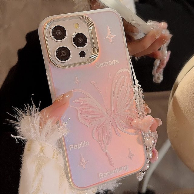 MUQGEW Laser-Handyhülle mit rosa Schmetterlingsmuster für iPhone 12 bis 17 Pro Max inklusive Armbandkette und stoßfester Hartschale - Bild 1