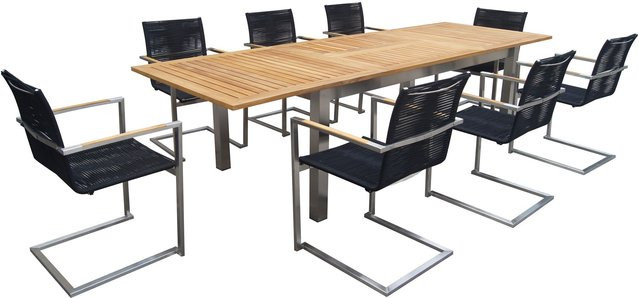 OUTFLEXX Garten-Essgruppe aus Edelstahl und Teakholz in Silber/Schwarz mit Ausziehtisch und 8 Freischwingern - Bild 1