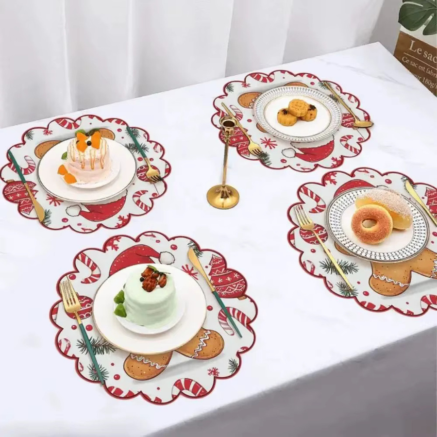 VIKAMA 4er-Set Weihnachts-Tischsets rund mit Lebkuchenmann, Weihnachtsmann-Kranz und Schneeflocken, rutschfest, mehrfarbig - Bild 2