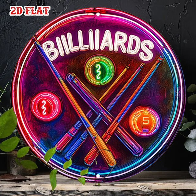 CIFBUY Retro 2D-Leuchtreklame aus Metall mit Pool-Queue und Ball, Vintage Wandkunst in Multicolour - Bild 1