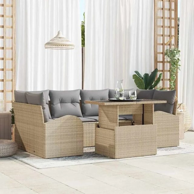 vidaXL Garten-Sofa-Set aus Poly-Rattan in Beige mit 7-teiliger Polsterung und Couchtisch, L-Form für Garten, Terrasse oder Balkon - Bild 1