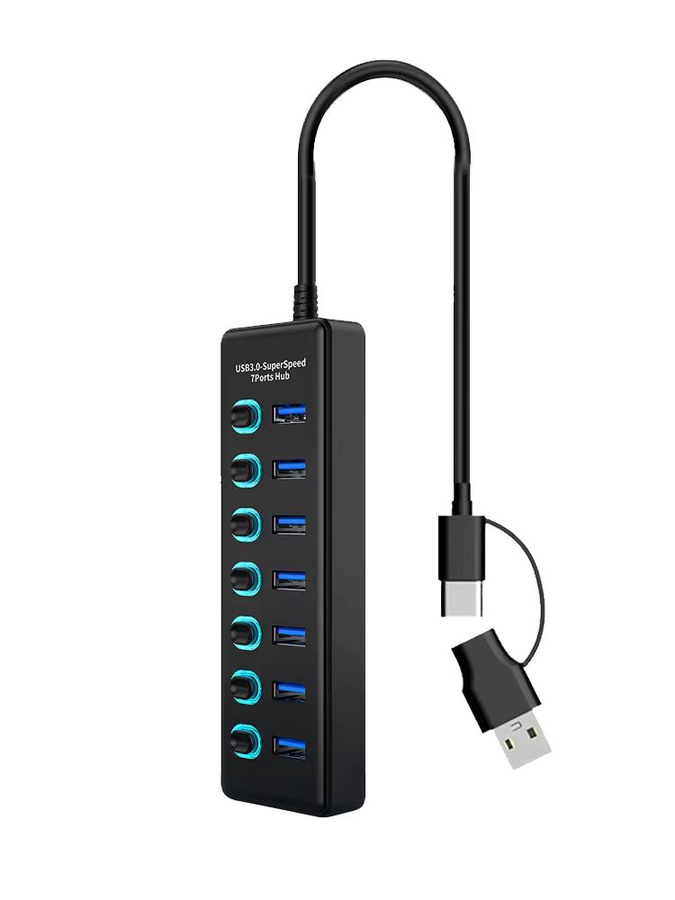 KEBIDUMEI 7-in-2 USB 3.0 Hub mit Einzelnen Ein/Aus-Schaltern und USB-C Anschluss, 5Gbps USB-Verteiler in Schwarz - Bild 7