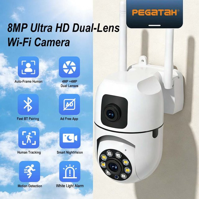 PEGATAH 8MP Kabellose WLAN-Überwachungskamera mit Doppellinse und Doppelbildschirm, IP PTZ Sicherheitskamera mit Auto-Tracking und Farbnachtsicht, Weiß - Bild 1