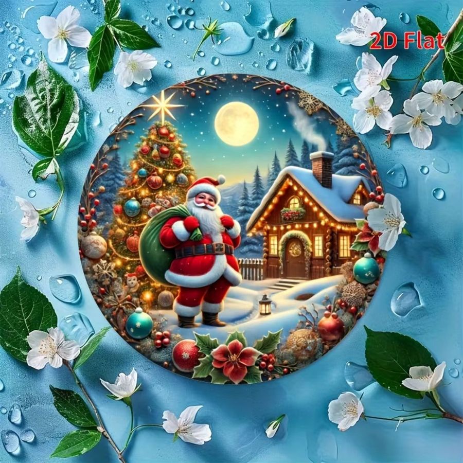 HELLOYOUNG Merry Christmas Metallschild kreisförmig mit Weihnachtsmann-Kranz-Design in Multicolor als Wandbehang für deine Weihnachtsdekoration Durchmesser: 20 cm - Bild 2