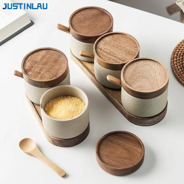 JUSTINLAU Keramik-Gewürzglas in Beige mit Bambusdeckel und Löffel für deine Küche - Bild 1