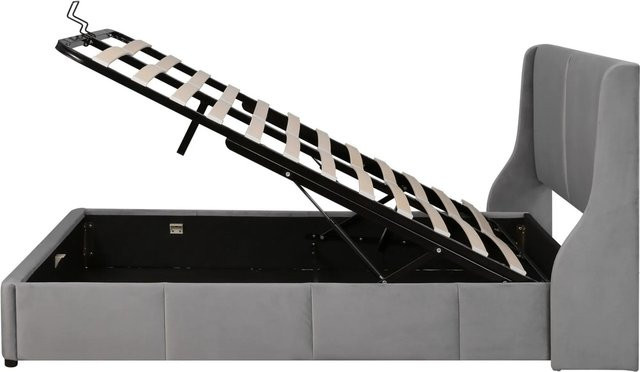 okwish Doppelbett mit hydraulischem Funktionsbett und Samtbezug in Grau, B/T/H: 140 x 200 x 100,5 cm - Bild 1