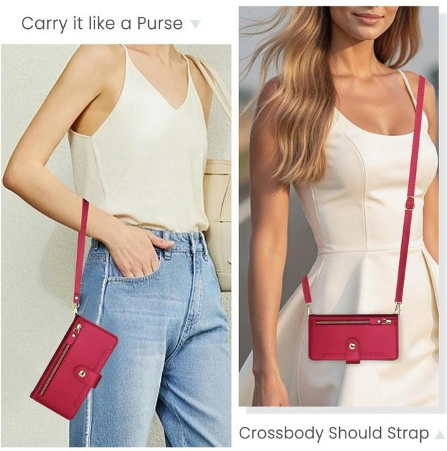 Samsung Crossbody Lanyard Leder Geldbörse mit Reißverschluss und Kartenfach für Galaxy S25 Edge S24 Ultra S23 Plus S22 S21 FE in Rot - Bild 1