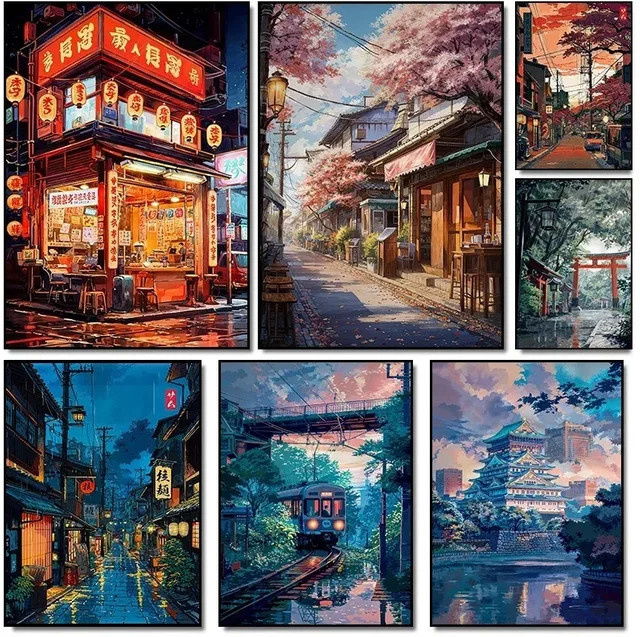 YUTTEE 5D Diamantmalerei Japan Anime Tokyo Stadtlandschaft mit Kirschblüten als Wanddekoration, Rund, B: 20 cm, H: 30 cm - Bild 1