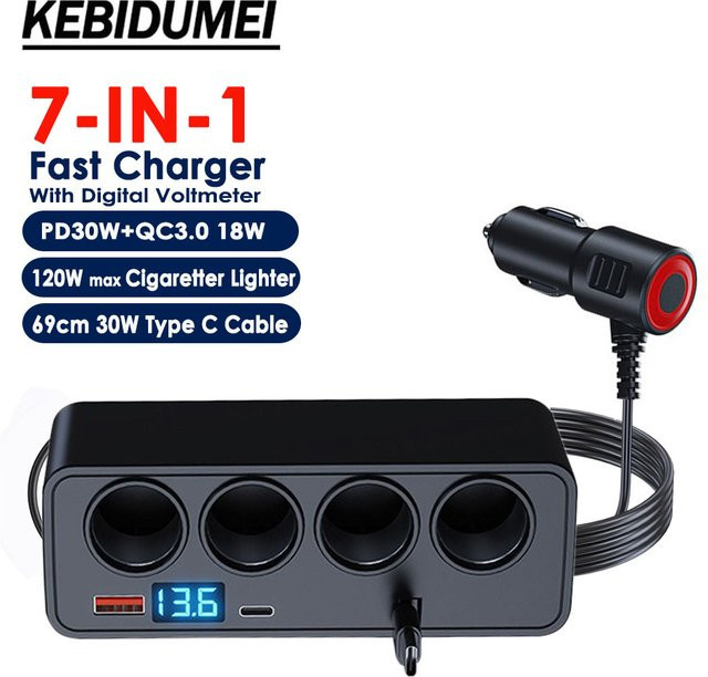 kebidumei 7-in-1 Auto-Zigarettenanzünder-Adapter mit 120W Leistung, PD Dual-USB-Anschluss, schnellem Telefonladegerät und digitalem Voltmeter in Schwarz für 12-24V - Bild 1