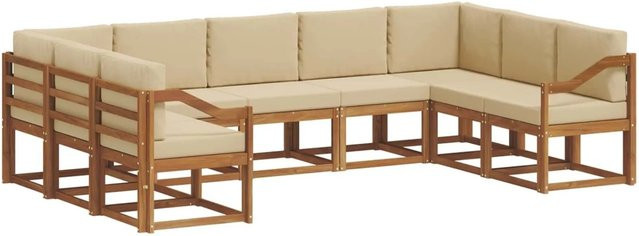 vidaXL Outdoor-Sofagarnitur 9-teilig aus Akazienholz in Natur und Beige mit Kissen und Rückenpolstern in U-Form - Bild 1