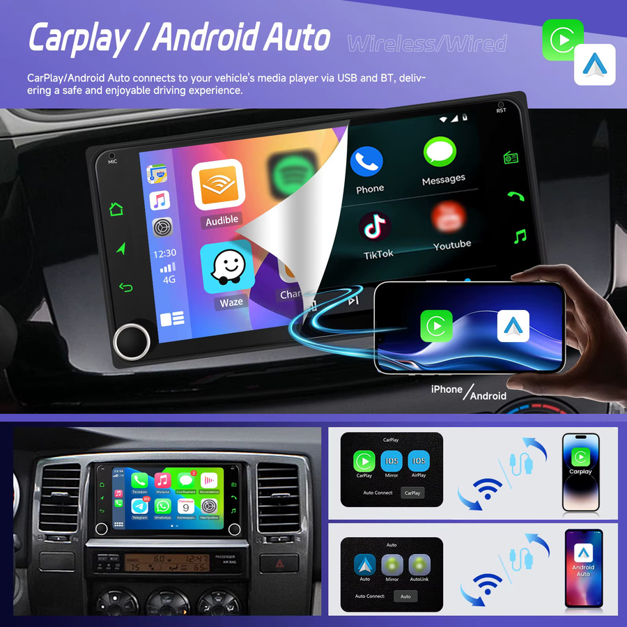 Podofo 7 Zoll 2Din MP5 Autoradio Stereo mit Wireless CarPlay und Android Auto für Toyota Prado 4Runner Tundra Fortuner Alphard Echo Land Cruiser 100 in Schwarz - Bild 3