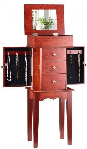 VEVOR Schmuckschrank aus Holz in Braun mit 3 Schubladen, Klappspiegel, 4 Ablagefächern und 2 Seitentüren mit Halskettenhaken, B/T/H: 76,7 x 25,5 x 85,5 cm - Bild 1
