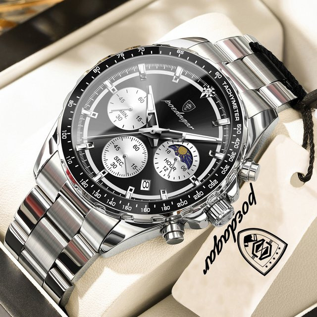 POEDAGAR Herren-Chronograph, Quarz, Edelstahl, Schwarz, Silber, Herren - Bild 1