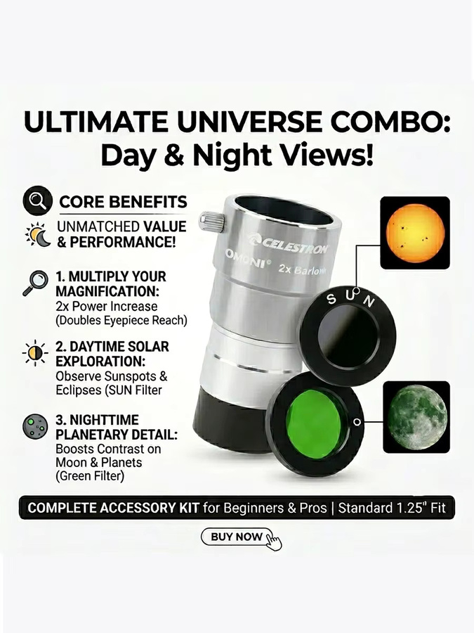 Celestron OmnI 2X Barlow-Linse 1,25 Zoll mit Solar-, Sonnen- und Mondfilter-Set für die Planetenbeobachtung, Multicolor - Bild 7