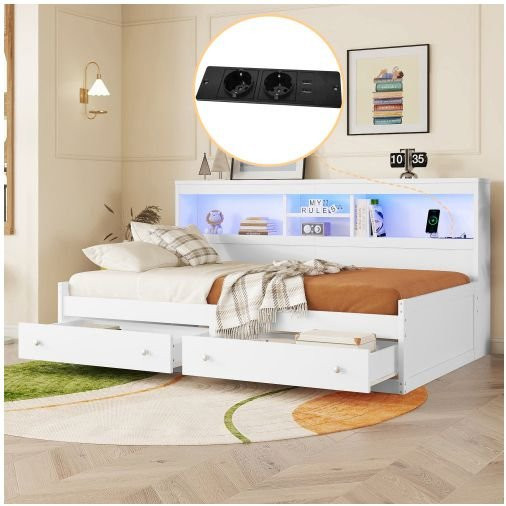 Tagesbett MUVOE in Weiß mit LED-Beleuchtung, USB-Anschlüssen und Schubladen, B/T/H: 90 x 200 cm - Bild 1