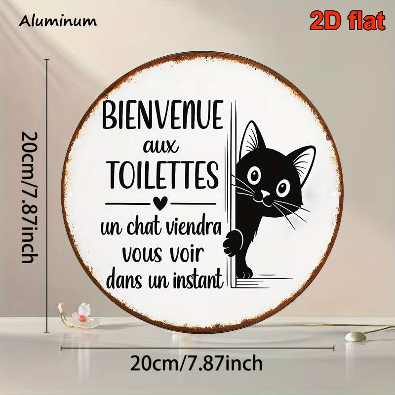 Willkommensschild Französische Katze von Potdemiel, rundes zweisprachiges Badezimmerschild in Schwarz, Durchmesser: 20,3 cm - Bild 2