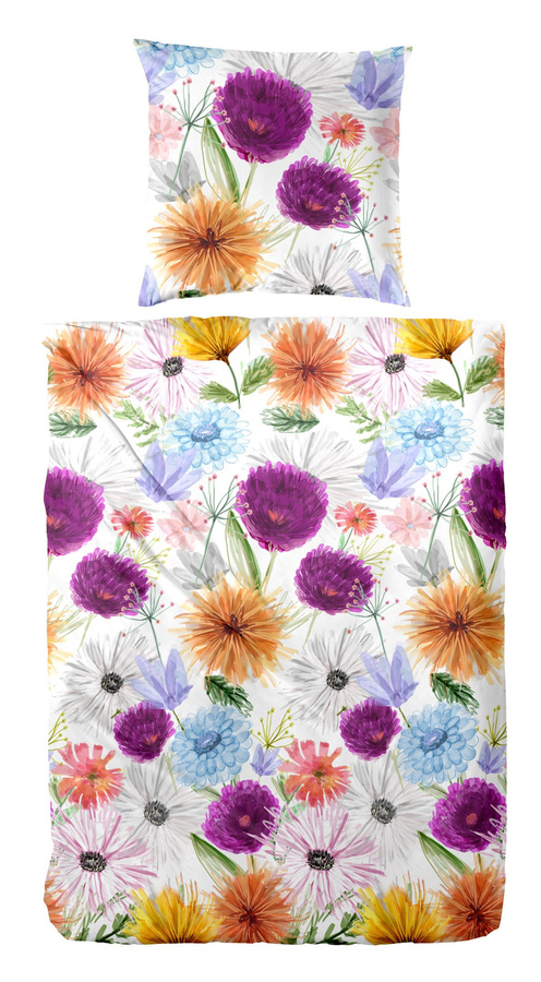 Primera Mako-Satin Bettwäsche mit Blumenmuster in Orange Lila Blau, B/H: 135 x 200 cm und 80 x 80 cm - Bild 1