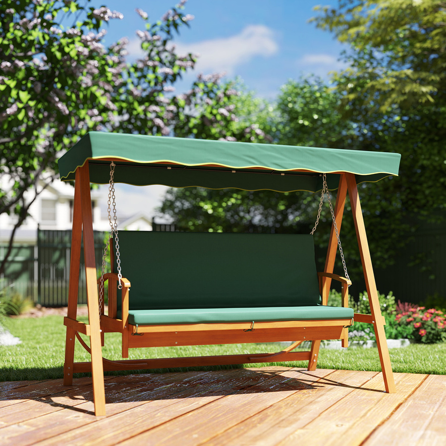 Outsunny Hollywoodschaukel aus Tannenholz mit Liegefunktion und Sonnenbaldachin, 3-Sitzer in Dunkelgrün, B/H/L: 130 x 236 x 300 cm - Bild 2