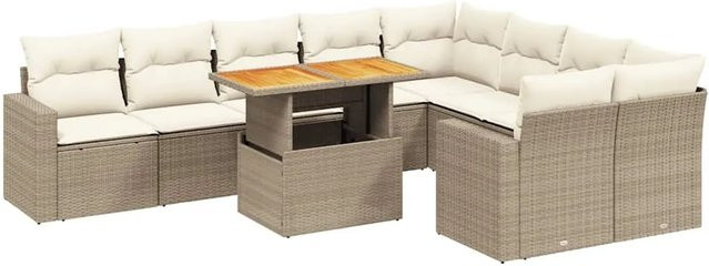 vidaXL 10-tlg. Garten-Sofagarnitur in L-Form aus Polyrattan und Akazienholz mit Kissen in Beige-Creme - Bild 1