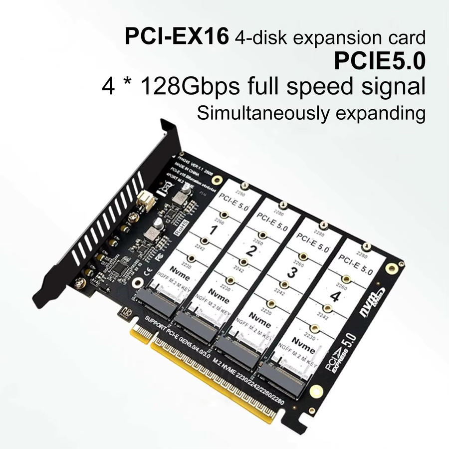 T.F.SKYWINDINTL PCIe 5.0 4-Port NVMe Erweiterungskarte, M.2 M-Key SSD Adapterkarte in Schwarz, unterstützt PCIe 3.0/4.0/5.0 Bifurkation - Bild 2