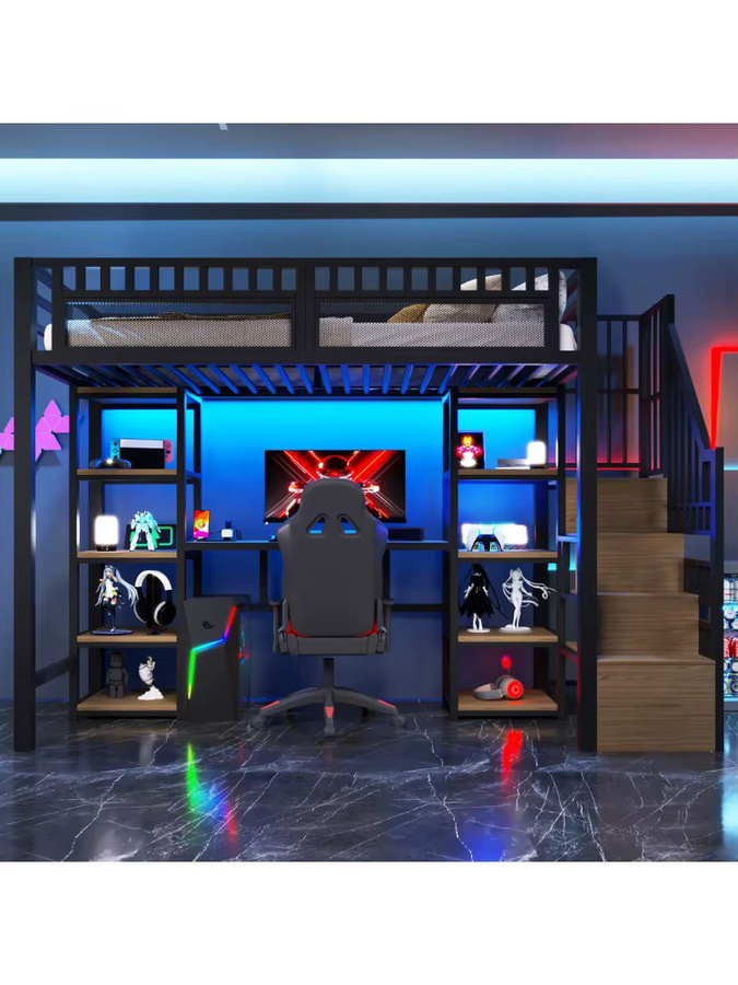 Modernes Hochbett aus Metall in Schwarz mit LED-Lichtleiste, USB-Anschluss und Treppe mit Stauraum, B/T: 90 x 200 cm - Bild 4