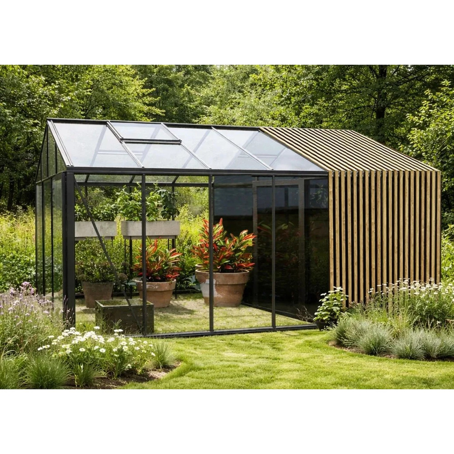 Bloomcabin Gewächshaus Klassik mit Accoya-Fusion und integriertem Stauraum in Schwarz mit Sicherheitsglas und Belüftungssystem - Bild 2