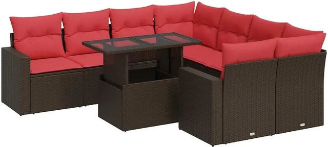 vidaXL 9-teilige Garten-Sofagarnitur aus braunem Poly-Rattan mit Kissen und Akazie-Elementen - Bild 1