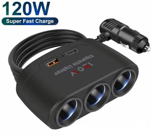 3 in 1 Dual USB Auto Ladegerät 120W Zigarettenanzünder Splitter für 12V 24V in Schwarz - Bild 1