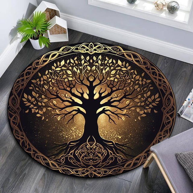 Runder Teppich Manus Home Goldener Baum in Braun, rutschfeste Bodenmatte für Wohnzimmer und Schlafzimmer, Durchmesser: 80 cm - Bild 1