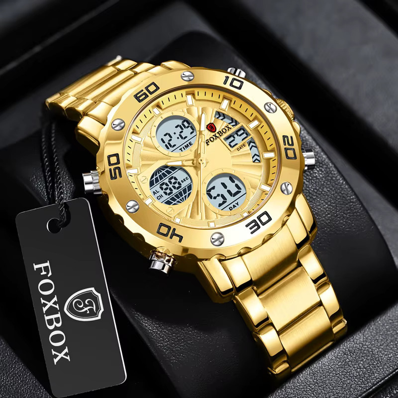 FOXBOX Digitaluhr, Quarz, Edelstahl, Gold, Blau, Herren - Bild 2