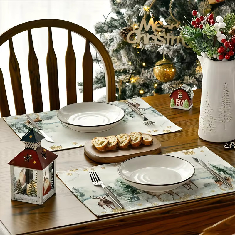 VIKAMA 4-teiliges Tischset-Set Wintersolstice mit Schneeszene und Hirschwald für deine Weihnachtsdekoration - Bild 2