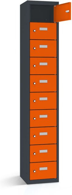 rotstahl Wertfachschrank mit 10 Fächern, Korpus Anthrazit und Türen in Orange, B/T/H: 32,5 x 50 x 180 cm - Bild 1
