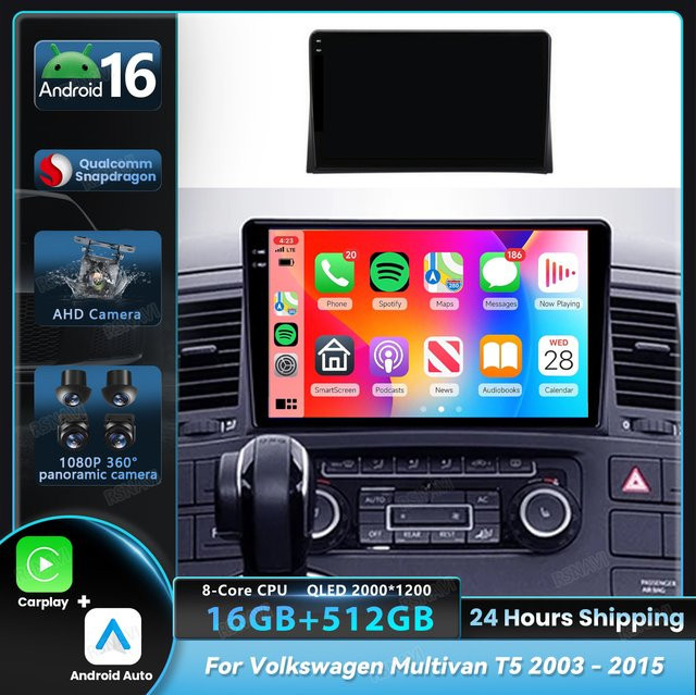 RSNAVI Android 16 Autoradio für Volkswagen Multivan T5 2003 - 2015 mit Carplay, GPS, DSP und Snapdragon Prozessor, Schwarz - Bild 1