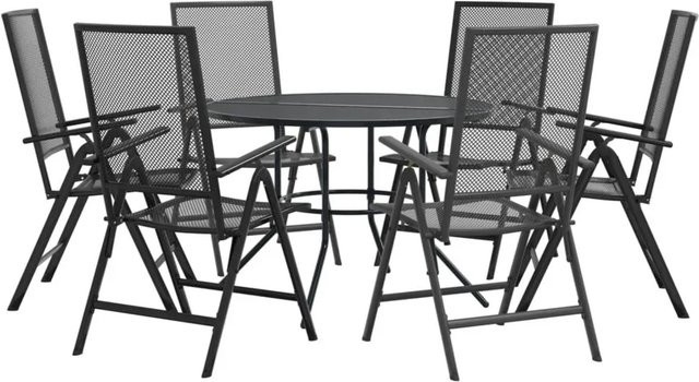 vidaXL Gartenstuhl-Set 7-teilig aus pulverbeschichtetem Stahl in Anthrazit mit Gitter-Design und rundem Tisch für Outdoor, Balkon oder Esszimmer - Bild 1
