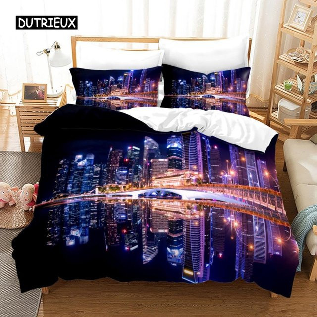 Bettwäscheset New York City Nachtansicht von Binchi Outdoor Product in Blau, Queen-Size mit Bettbezug und Kissenbezug, Breite: 228 cm - Bild 1