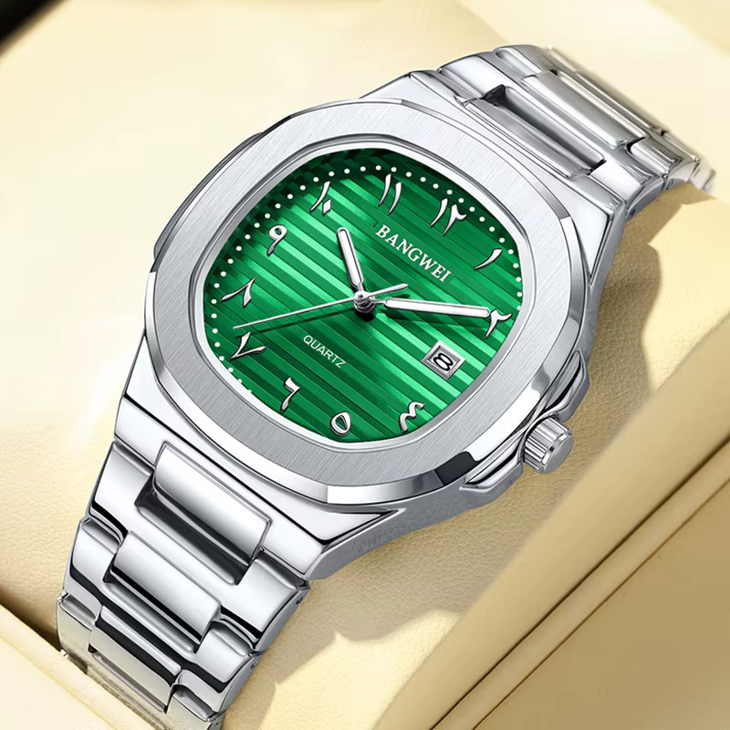 BANGWEI Armbanduhr Quarz, Edelstahl, Grün, Silber, Herren - Bild 2