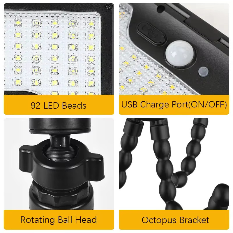 SHENZHITECH Intelligente Solar-Bewegungssensorleuchte mit 92 LED-Perlen in Schwarz, 3 Modi, verstellbarer Halterung und USB-Aufladung - Bild 5