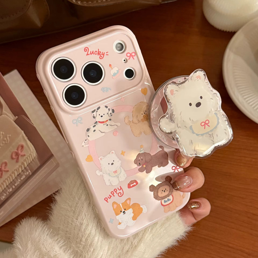 MUQGEW iPhone Handyhülle mit niedlichem koreanischem Cartoon-Welpen-Magnetständer in Pink, stoßfeste weiche Schutzhülle für iPhone 12 bis iPhone 17 Pro Max - Bild 1