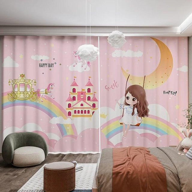 Yiran Furniture Einhorn Vorhang für Kinder und Mädchen in Rosa und Mehrfarbig, 2er-Set mit Ösen, B/H: 50 x 100 cm - Bild 1