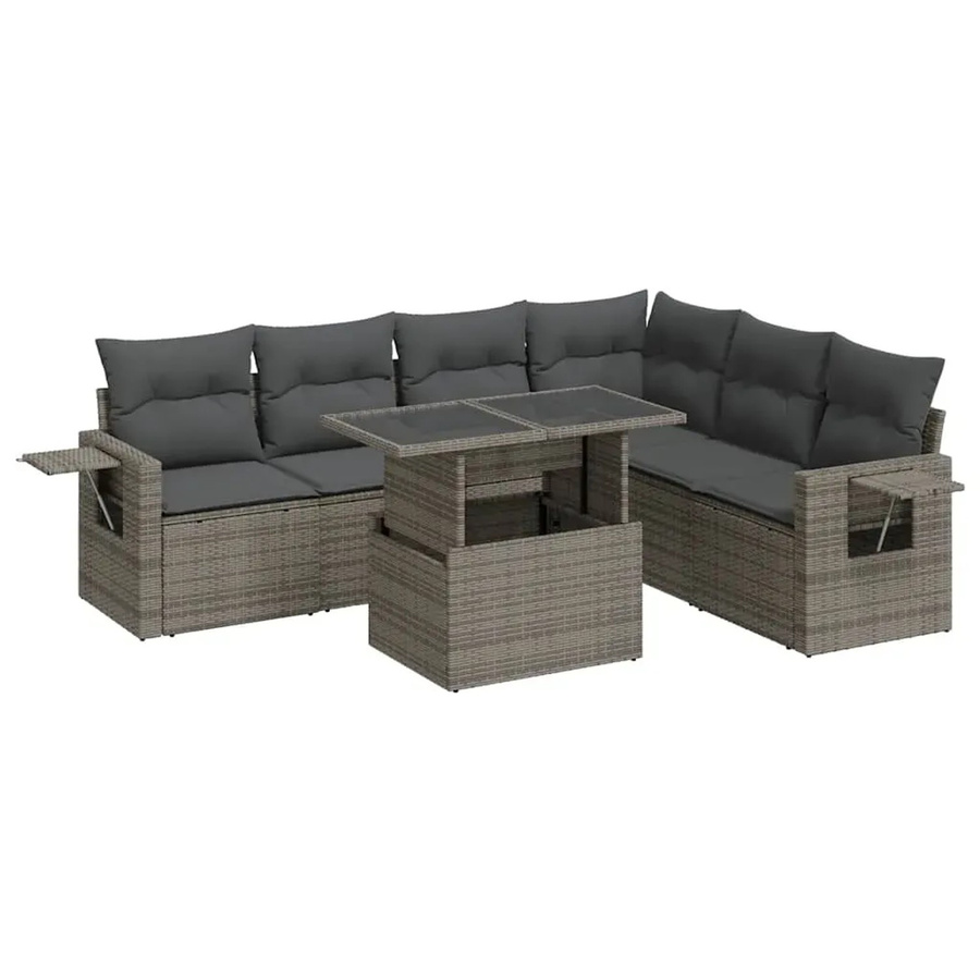 vidaXL 7-teilige Garten-Sofagarnitur in L-Form aus grauem Poly-Rattan mit Kissen und pulverbeschichtetem Stahlgestell - Bild 2