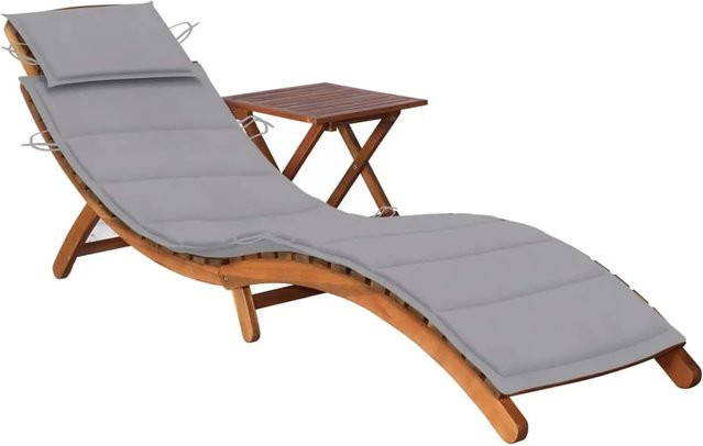 vidaXL Sonnenliege aus Akazien-Massivholz mit Tisch und grauer Auflage - Bild 1